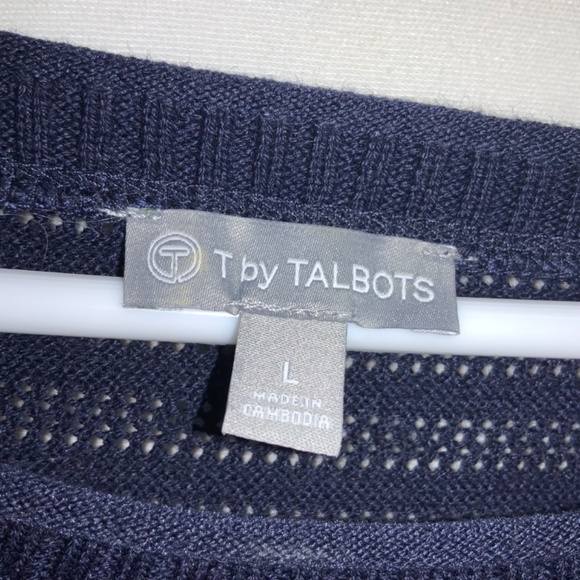T by Talbots navy blue open knit top Sz L short sleeve - Picture 3 of 6